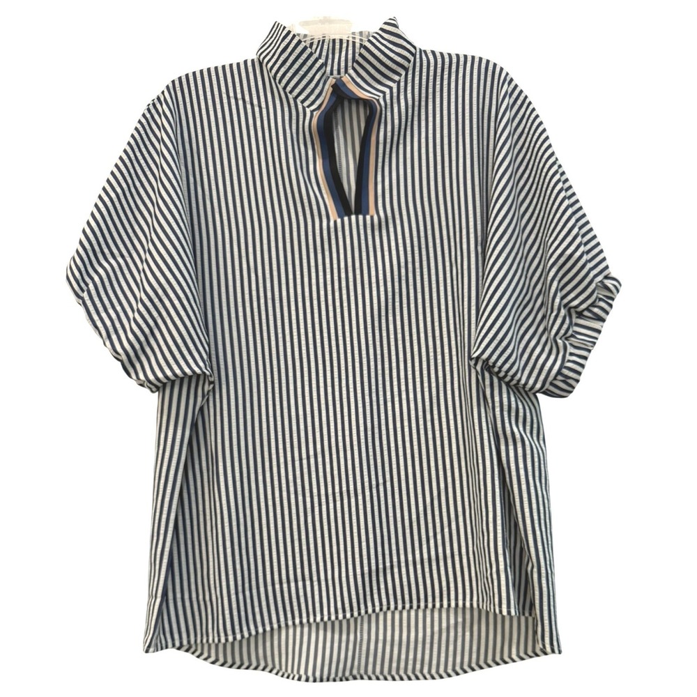 Unbranded Navy White Striped Seersucker Split V-Neck‎ Blouse XL Short Sleeve Top